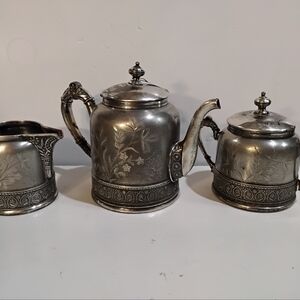 Vtg.Silver plate by Pairpoint Floral Etched Tea Set Teapot, Sugar Bowl & Creamer